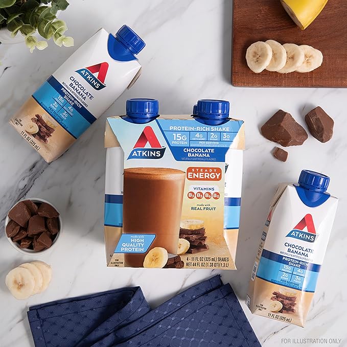 Atkins Chocolate Banana Protein Shake,15g Protein,Low Glycemic,4g Net Carb,2g Sugar,Keto Friendly,(Pack of 24)