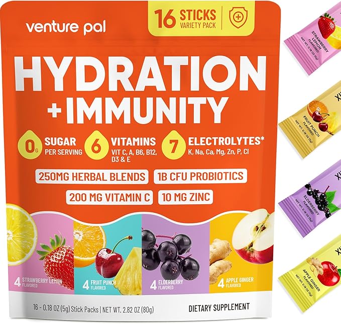 Venture Pal 2-in-1 Hydration + Immune Electrolytes Powder Packets with 7 Electrolytes & 6 Vitamins, Elderberry, Turmeric, Echinacea | Liquid Daily IV Drink Mix | Sugar Free | Keto Friendly, 16 Sticks