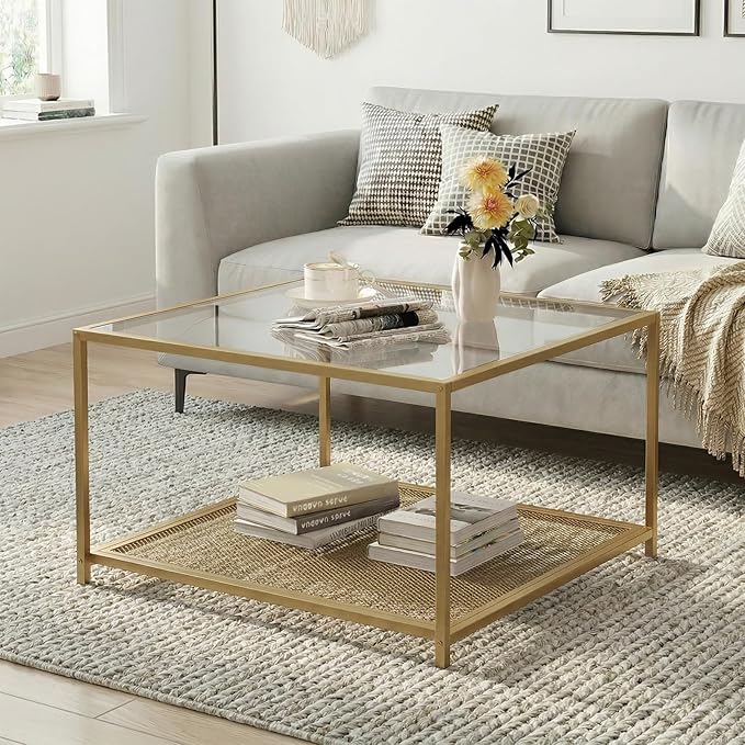 Gold Glass Coffee Table, Square Coffee Tables with Storage Shelf, Simple Tea Cocktail Modern Center Tables for Small Space, Living Room, Easy Assembly, 26 * 26in（Gold）
