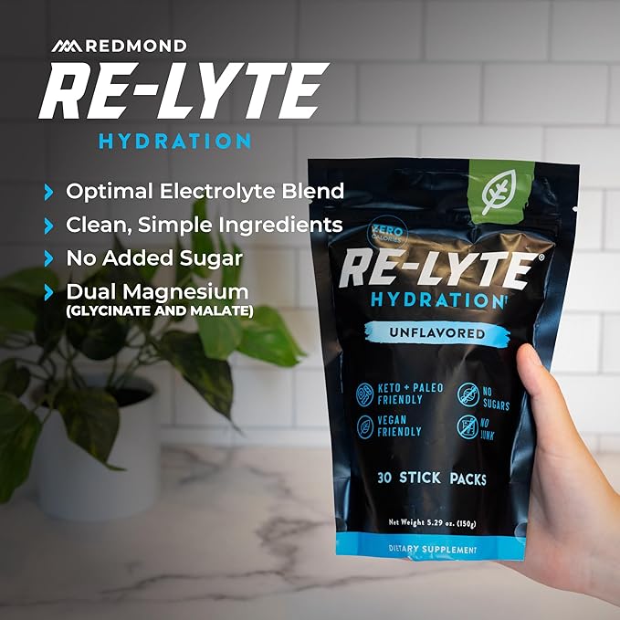 REDMOND Re-Lyte Hydration Electrolyte Powder Mix (Unflavored), 30 Stick Packs