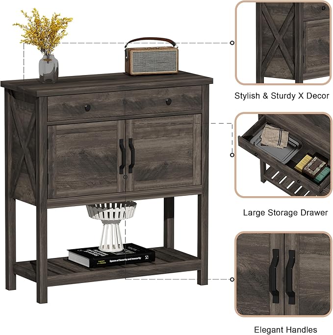 ChooChoo Farmhouse Console Table, Entryway Table with Storage Shelf, Coffee Bar Cabinet, Narrow Buffet Sideboard for Kitchen, Hallway, Living Room, Ash Gray