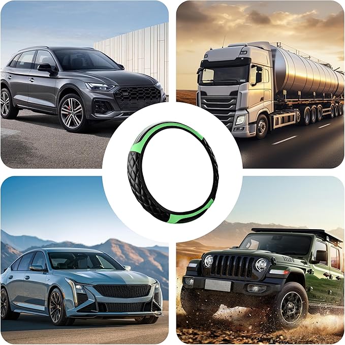 Car Steering Wheel Cover, 14.5-15inch Leather Anti-Slip Car Wheel Cover Protector, Safety Comfortable Desgin, Universal Auto Steering Wheels Accessories for Cars Truck SUV (Green)