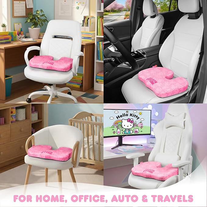 Carbella Officially Licensed Hello Kitty Seat Cushion - Cute Pink Office Chair Cushion for Car, Home, Work or Desk - Comfort Memory Foam Cushions for Coccyx, Back, Tailbone Pain Relief Pillow