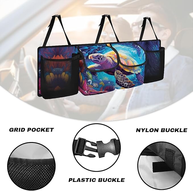 CLOHOMIN Sea Turtle Car Trunk Organizers for Women Men Back Seat Storage Bag with 4 Pockets Easy to Install Trunk Organizer for SUV Truck Sedan Hanging Car Interior Accessories