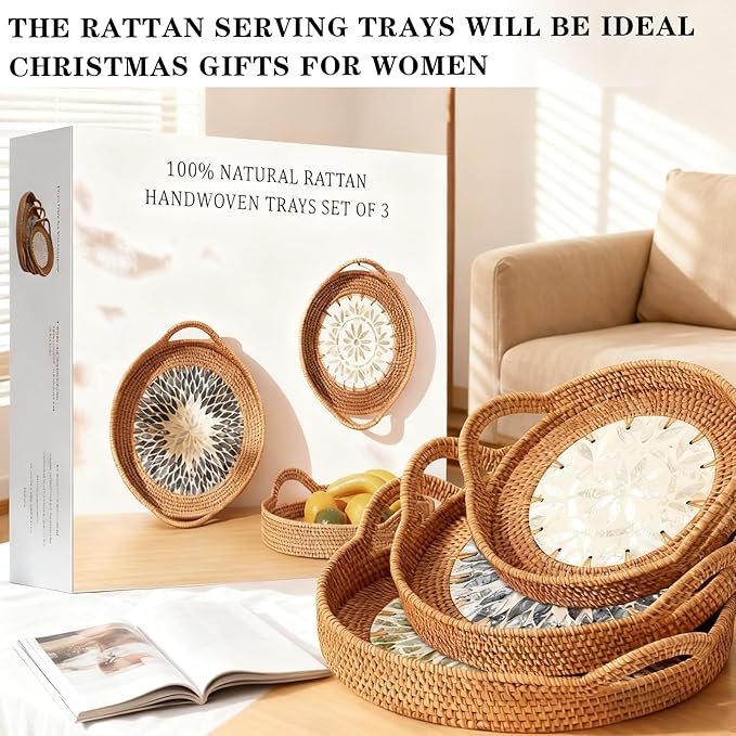 Mothers Day Gifts Set – 3 Handwoven Rattan Trays with Natural Shell Inlay, Boho Decorative Wicker Serving & Coffee Table Trays with Handles for Home Decor, Candles, Snacks & Holiday Entertaining