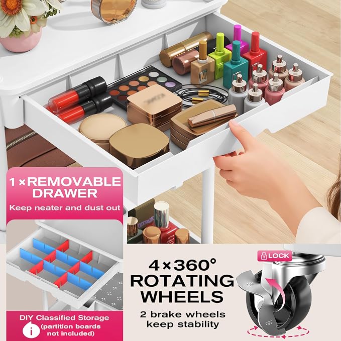 Goovilla Rolling Makeup Organizer Cart with Removable Drawer, 4 Tier Stable White Floor Skincare Storage Cart for Vanity, Cosmetic Display, Nail Polish, Perfume, Hair Stuff, Beauty, Bathroom(Plastic)