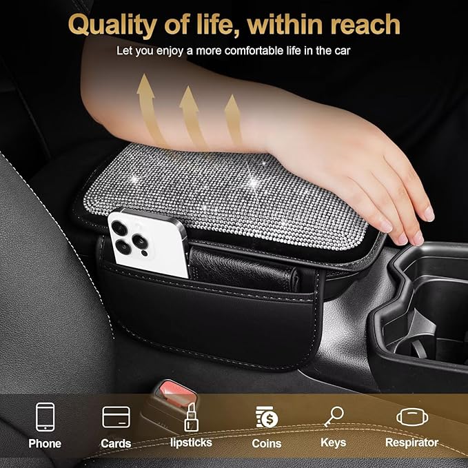Bling Center Console Cover Fit for Toyota Tacoma with 2 Storage Bags Fully Diamond-Studded Style Center Console Armrest Cover with Total Protection(Silver Diamond)