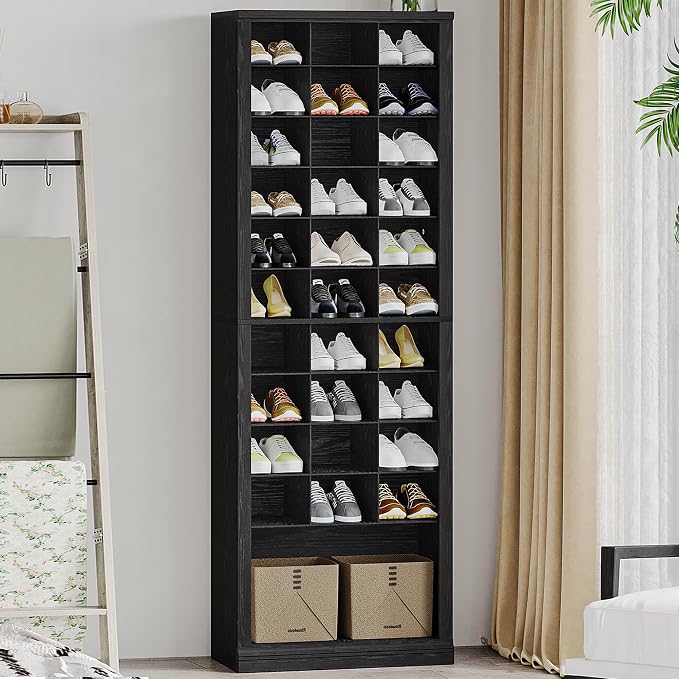 Hzuaneri 11 Tiers Shoe Storage Cabinet, Tall Shoes Cabinet with Cubby, Freestanding Wooden Shoe Organizer, 30-33 Pairs, Shoes Cubby Organizer for Entryway, Bedroom, Black SR02004X