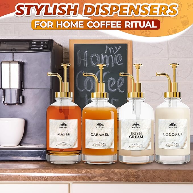 Set of 4 Coffee Syrup Bottles 16.9oz 500 ml – Coffee Syrup Glass Dispenser with 18 Marked Labels, Leak-Proof, Easy Cleaning – Coffee Station Accessories for Home Bar | Event Ready (Golden Pumps)