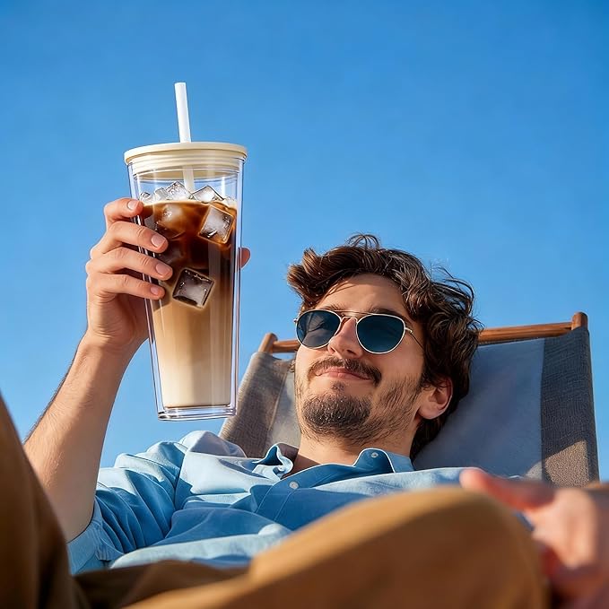 24oz Tumbler with Lid and Straw, Leak Proof and Double Wall Insulated Reusable Plastic Cups,Travel Reusable Iced Coffee Cup (1, White)