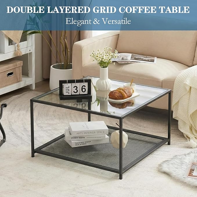 Black Glass Coffee Table, Square Coffee Tables with Storage Shelf, Simple Tea Cocktail Modern Center Tables for Small Space, Living Room, Easy Assembly, 26 * 26in（Black）