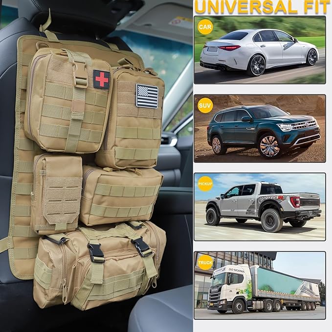 Tactical Car Seat Back Organizer Hanger Bag with 5 Detachable Molle Pouch Vehicle Molle Panel Organizer Storage Bag Universal for for most car models (Khaki)