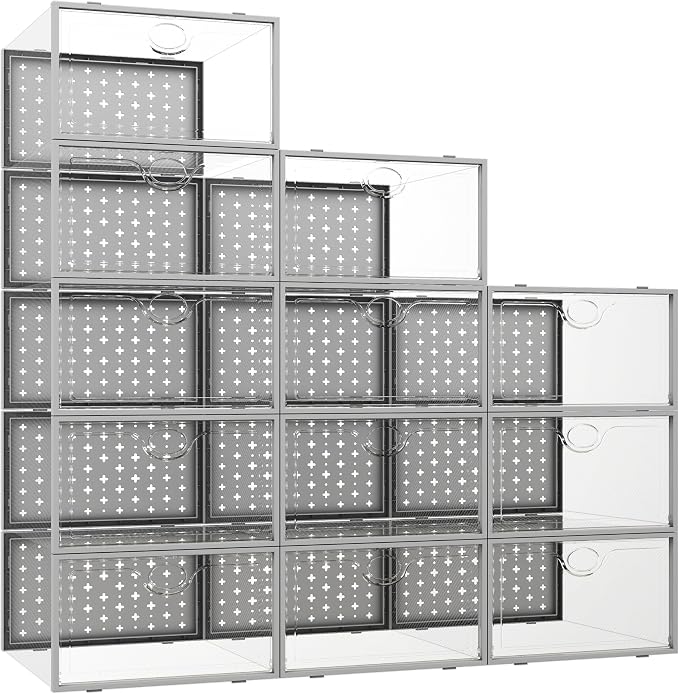Pinkpum 12 Pcs XLarge Shoe & Sneaker Storage Organizer Box Clear Plastic Stackable Closet Grey