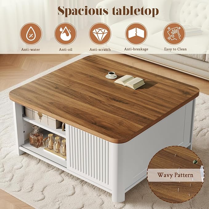 Decofy Lift Top Coffee Table with Storage Mid Century Modern Square Coffee Tables for Living Room, Large Hidden Storage Compartment, Adjustable Shelves & Sliding Door