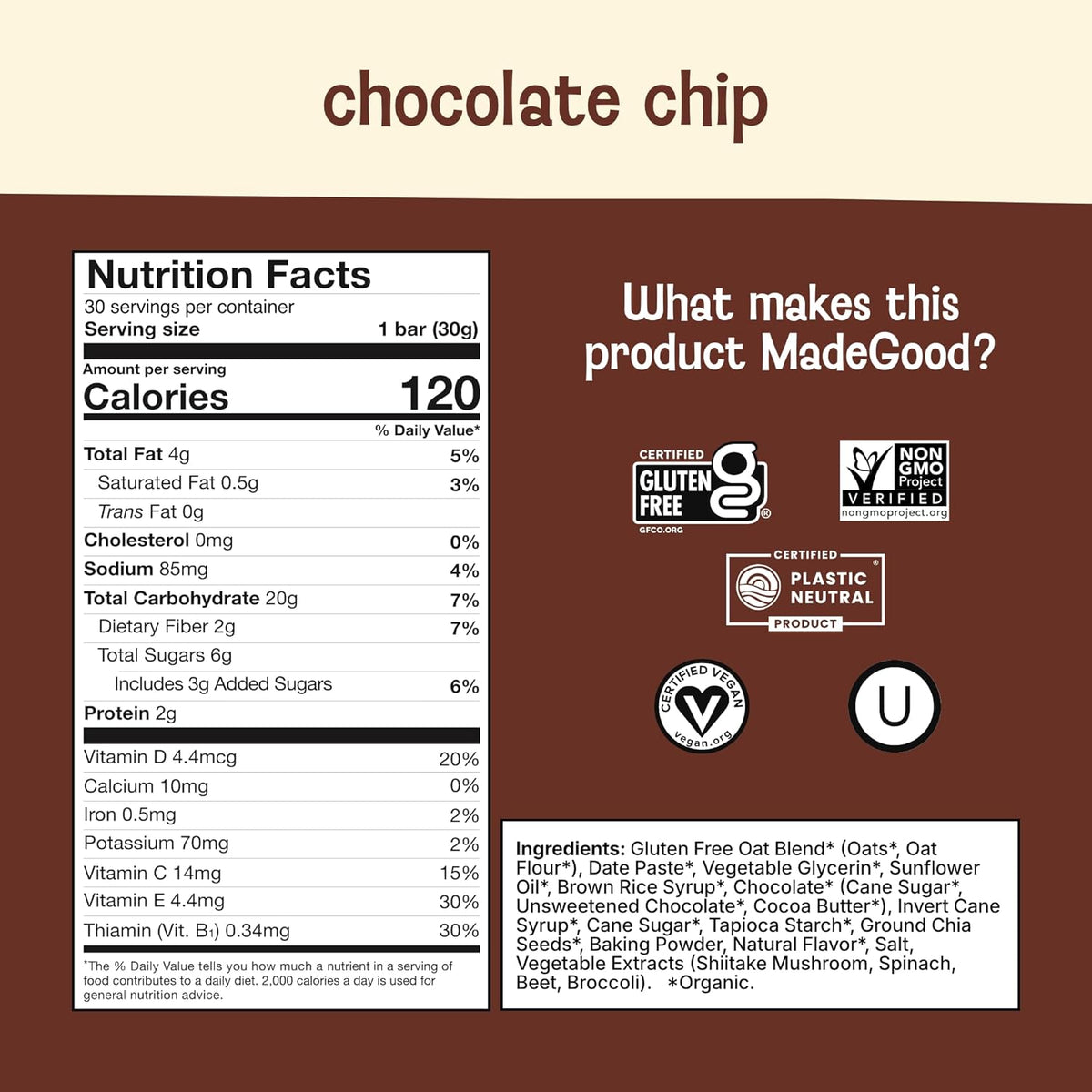 MadeGood Mornings Soft Baked Breakfast Bars, Chocolate Chip, 1.06 Oz (30 Count) Gluten Free Snacks