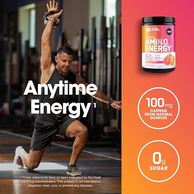 Optimum Nutrition Amino Energy - Pre Workout with Green Tea, BCAA, Amino Acids, Keto Friendly, Green Coffee Extract, Energy Powder - Tropical Sunrise, 9.5 Ounce, 30 Servings (Packaging May Vary)