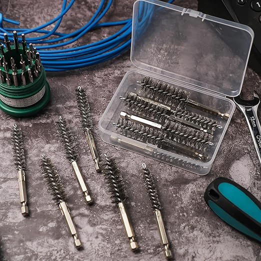 Patelai 12 Pcs Stainless Steel Wire Bore Brush Different Size Twisted Cleaning Brush with Handle 1/4 Inch Hex Shank for Power Drill Impact Driver (8/ 9/ 10/ 11/ 13/ 16/ 18/ 19/ 22/ 25/ 28/ 30 mm)