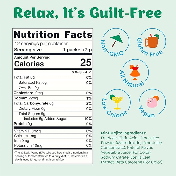 Craftmix Mint Mojito Cocktail & Mocktail Drink Mixer, Skinny Mixes - Water Flavoring Packets - Made With Real Fruit - Vegan Low-Carb, Low-Sugar, Non-GMO, Dairy Free, Gluten Free, 12 Pack