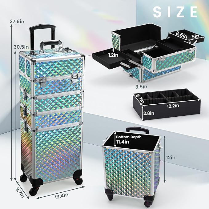 Stagiant Rolling Makeup Case Cosmetology Case on Wheels 4 in 1 Makeup Travel Case Large Cosmetic Organizer Storage with Key Swivel Wheels Nail Artist Salon Traveling Cart Trunk Watery Blue