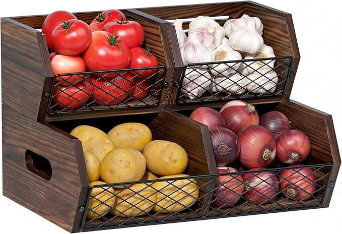 Wood Potato and Onion Storage Bins, Stackable Pantry Organizer, Rustic Produce Storage Baskets for Vegetable, Fruit and Snack
