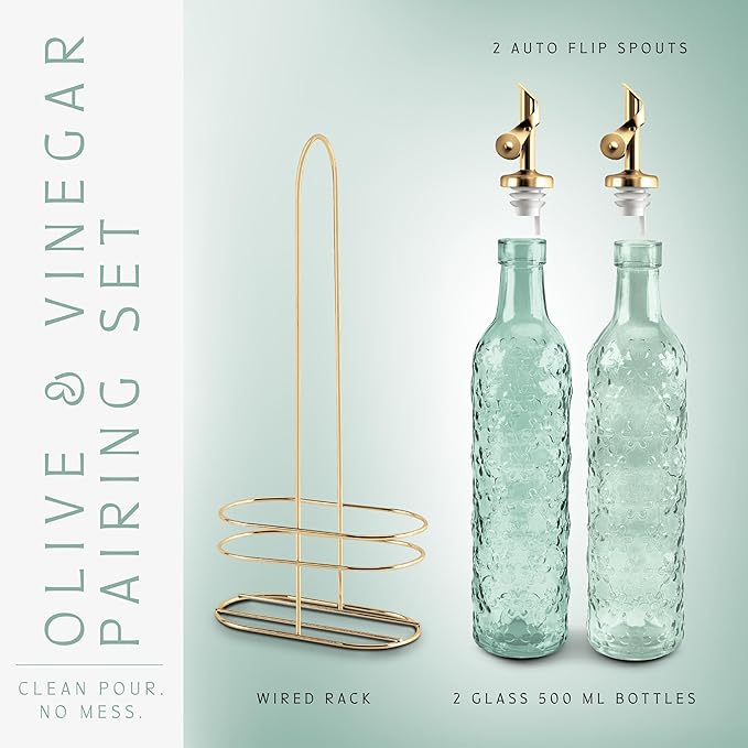 COOK WITH COLOR Glass Olive Oil Bottle Dispenser - 2 Pack- 17oz Oil and Vinegar Cruet - Olive Oil Carafe Decanter for Kitchen, Floral, Green