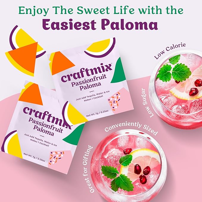 Craftmix Passionfruit Paloma Cocktail & Mocktail Drink Mixer, Skinny Mixes - Water Flavoring Packets - Made With Real Fruit - Vegan, No-Carb, No-Sugar, Non-GMO, Dairy Free, Gluten Free, 12 Pack