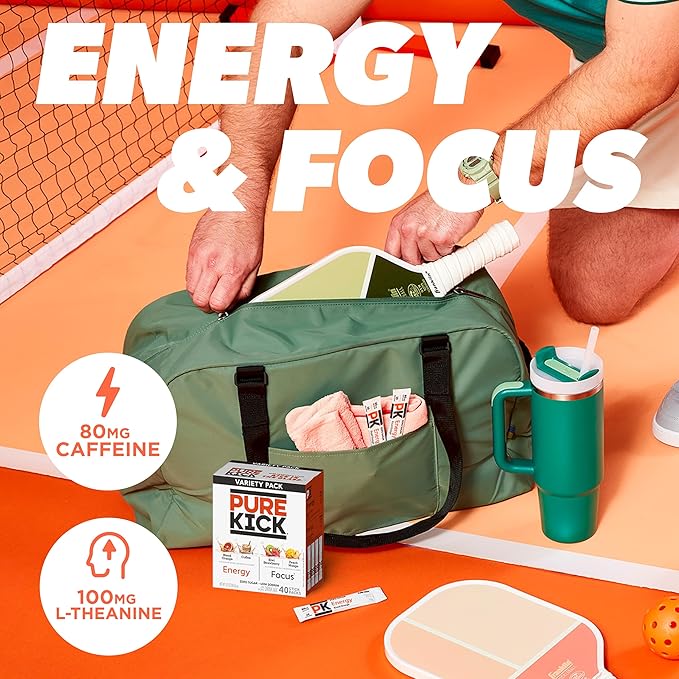 PURE KICK Energy and Focus Singles To Go Drink Mix Variety Pack,Blood Orange, Coffee, Strawberry Kiwi and Peach Mango, 40 Count (Pack - 1)