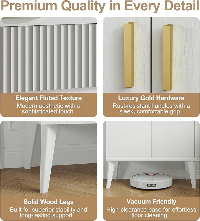 Sideboard Storage Cabinet with 2 Drawers & 2 Doors, Fluted Kitchen Buffet Cabinet with Adjustable Shelves, Coffee Bar Station for Living Room, Entryway, 13.8 x 27.6 x 35.6 Inches, White
