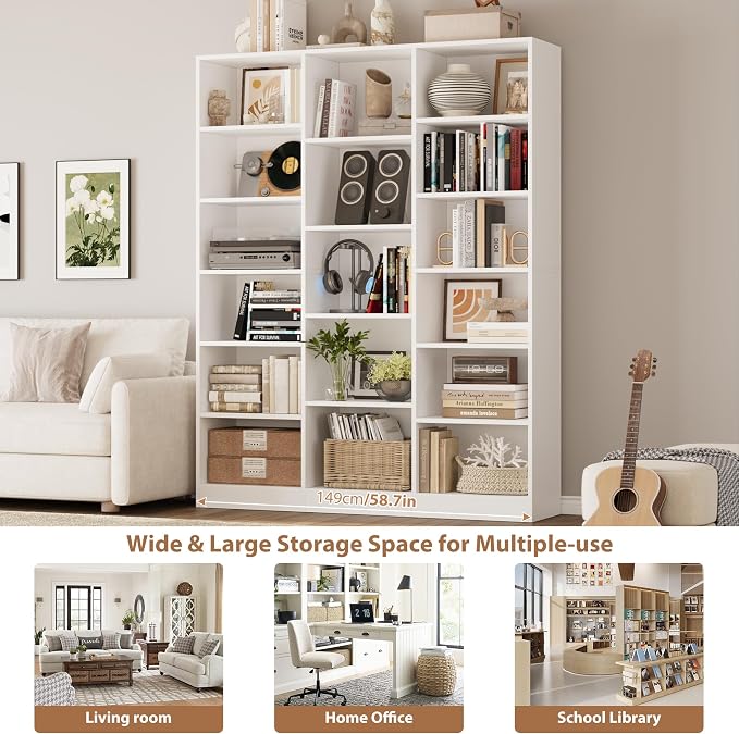 FACBOTALL Triple Wide Bookshelf, 6 Tier Large Bookshelf, Bookcase with 17 Open Display Shelves, 74'' Tall Bookcases and Bookshelves for Living Room, Home Office, Library, White
