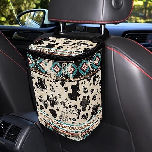 Southwest Aztec Cow Car Trash Bag Foldable Hanging Car Trash Bin Can with Lid Portable Washable Automotive Garbage Storage Bag for Back Seat