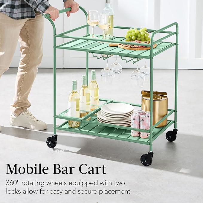 Best Choice Products Rolling Bar Cart, Mobile Home Bar Serving Cart, Serving Station w/ 2 Tier Shelves, Wine Rack, Lockable Wheels - Sage