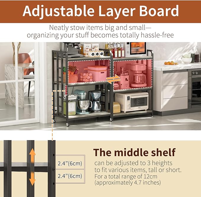 Bakers Rack with Power Outlet,Adjustable Microwave Stand with Storage,3-Tier Kitchen Shelves,Microwave cart Suitable for Kitchen,Dinning Room,Coffee Bar,Living,Greige