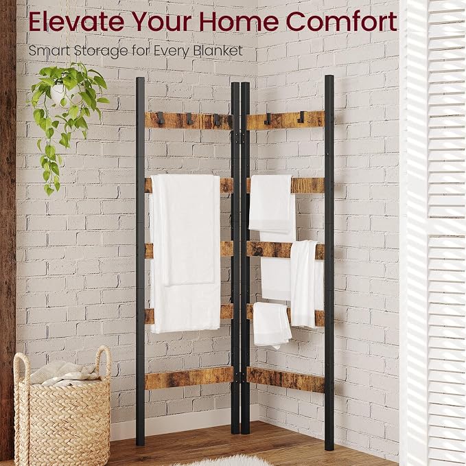 Foldable Blanket Ladder, 5-Tier Ladder Shelf, Decorative Ladder with 5 Removable Hooks, Wall-Leaning Blanket Holder for Towel, Scarves, Quilt Display Rack for Living Room, Rustic Brown