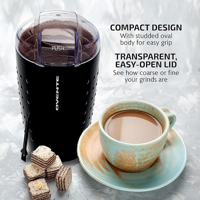 OVENTE Electric Coffee Grinder, Coffee Mill and Spice Grinder with 2.5oz Capacity, 150W Motor, One Touch Push-Button & Stainless Steel Blades for Uniform Grinding of Beans, Herb or Nuts, Black CG225B