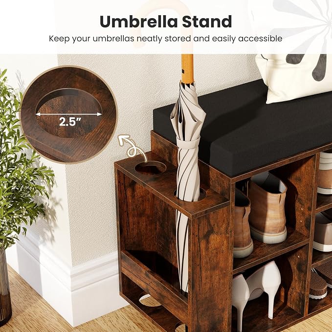 Giantex Shoe Storage Bench with Umbrella Stand, 10-Cubby Entryway Shoe Rack Organizer with Padded Seat, Adjustable & Removable Shelves for Hallway, Living Room & Bedroom (Rustic Brown)