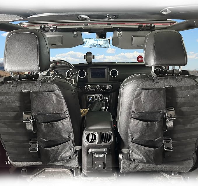 SUNPIE 2 Pcs Seat Back Truck Gun Rack，Automotive Gun Racks with Molle Panel Universal Seatback Storage Pockets Tactical Car Seat Back Organizer for Hunting Accessories Storage,Black