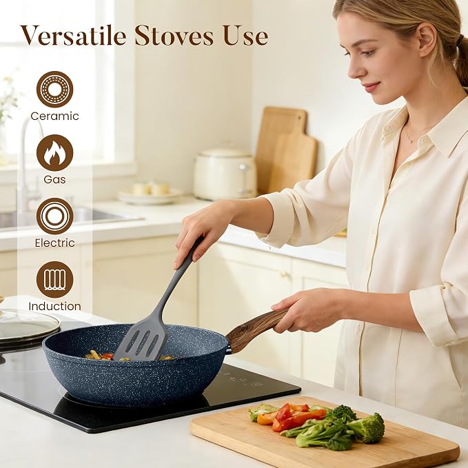 Kitchen Academy Blue Pots and Pans Set Non Stick, 12Pcs Induction Cookware | Premium die-cast aluminum, nonstick granite coating, fast heating, easy to clean, PFOA & PFOS free, toxic-free cooking