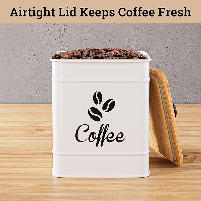 Airtight Coffee Canister - 40 oz Large Iron White Coffee Container Airtight - 6 x 8 inch Metal Jar - Stylish Countertop Container for Coffee Grounds, Beans, Pods & More with Rubber-Lined Bamboo Lid