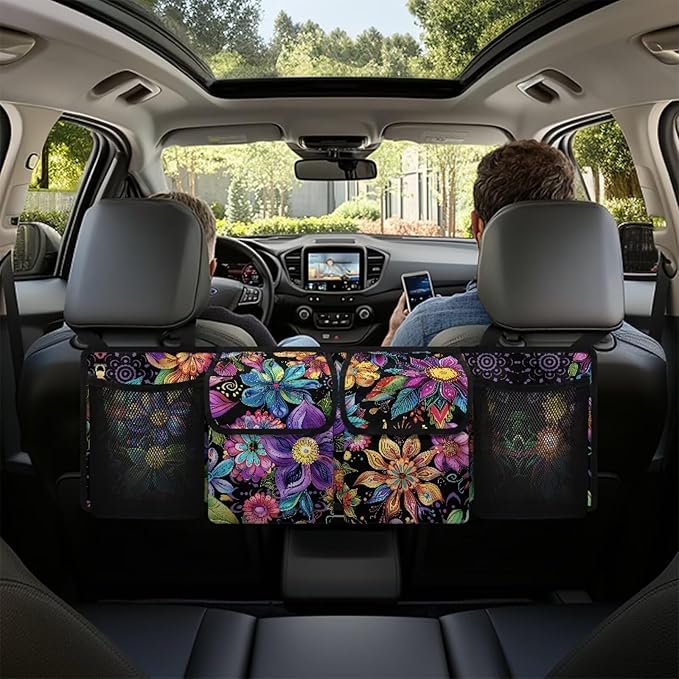 Flower Printed Car Truck Organizer for Women Backseat Hanging Organizer with 4 Storage Pockets Car Seat Organizer for SUV, Truck, Sedan, Space Saving Expert