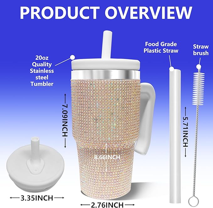 20-OZ Insulated Water Bottle,Insulated Stainless Steel Tumbler,Reusable Cold Drink Thermos,BPA-Free, Double-Wall Stainless Steel Water Bottle (White-Diamond, 20, Fluid Ounces)