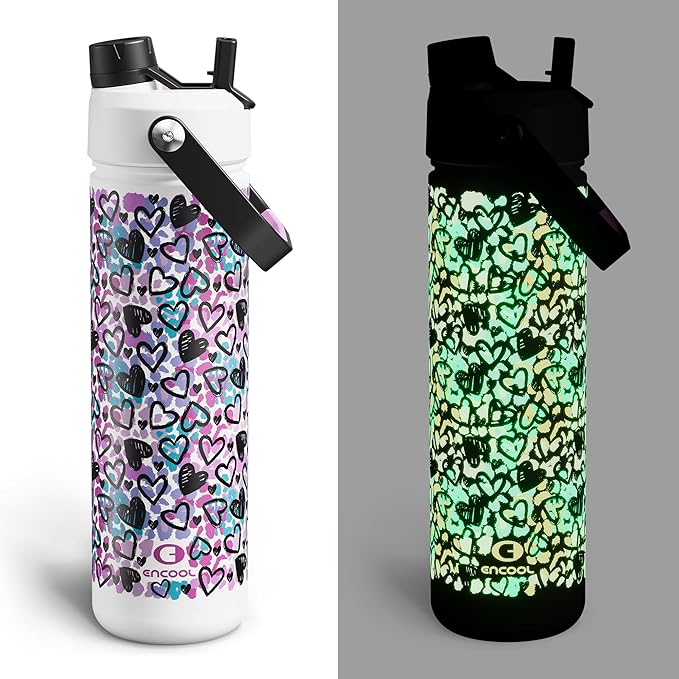 ENCOOL Insulated Water Bottle with Straw Stainless Steel Water Bottle, Glow in the Dark, Leak-Proof, BPA-Free, Keeps Cold for 24 Hours for Sports, Travel, School (26 oz, Graffiti Hearts)