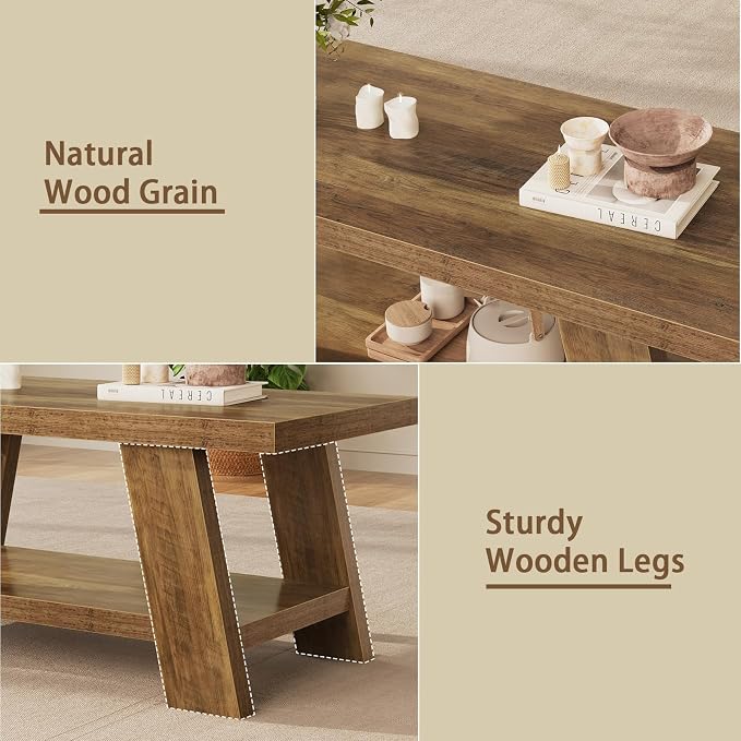 Tohomeor 47.24" Coffee Table for Living Room, Farmhouse Solid Wood Coffee Table with Storage, Rectangle Rustic Accent Center Table with for Home Apartment Office, Retro Brown