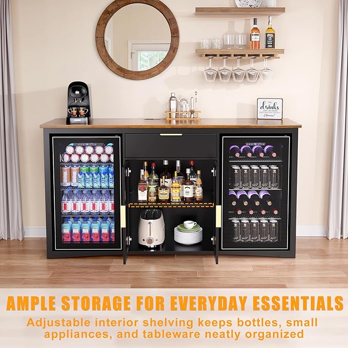 GDLF Long Coffee Bar Cabinet with Fridge Space, Modern Wine Liquor Cabinet with Storage & Power Outlet, Buffet Sideboard with Fluted Doors for Home, 70.1 Inch, Black