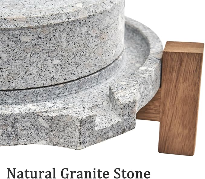 Stone Grain Mill - Manual Flour Mill with Stable Wood Base, Natural Granite Stone Grinder Mill for Dry & Wet Use, Home Kitchen Tool (9.8 x 13.8 inch)
