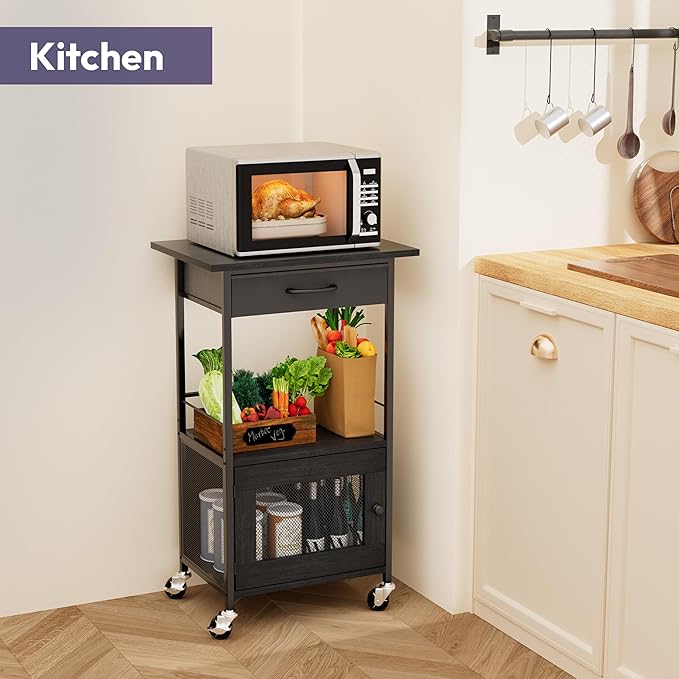 SWTYMIKI Buffets Coffee Bar Cabinet - Rolling Kitchen Rack, Farmhouse Small Coffee Stand with Storage Drawer and Door Cabinet - Kitchen Microwave Stand for Apartment, Living Room, Entryway, Black