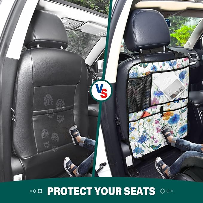 2 Pack Back Seat Car Organizer with Storage Pockets Kick Mats Back Seat Protector Hanging Car Organizer Automotive Seat Back Cover Organizers Watercolor Cornflower Daisy