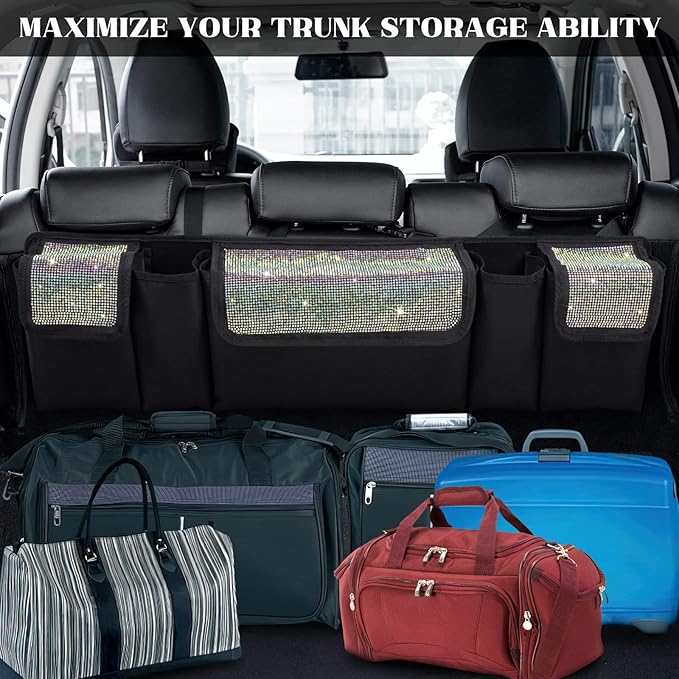 eing Car Trunk Organizer and Storage, Backseat Hanging Organizer for SUV, Truck, MPV, Waterproof, Collapsible Cargo Storage Bag with 5 Pockets, Bling Car Interior Accessories for Women,Multicolor