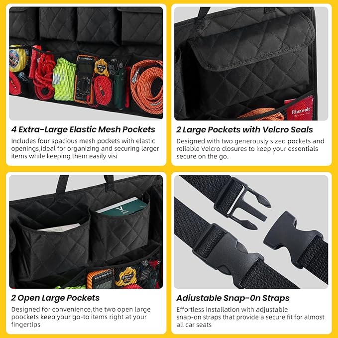 Car Trunk Hanging Organizer 3D Textured (Extra-Long), Cotton-Padded Farewell to Collapse, Reinforced Stitching, Extra-Wide Pocket, Backseat Grocery Storage Bag with 8 Pockets for SUV,Truck,Van