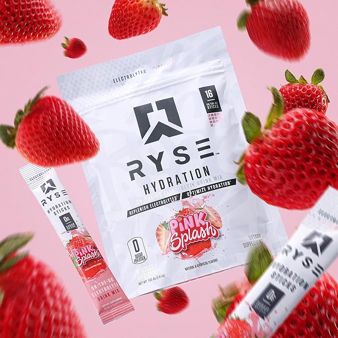 RYSE Hydration Electrolyte Powder Drink Mix Packets - Pink Splash - Sugar-Free Full Spectrum Electrolytes with Essential Vitamins, Taurine and Choline for Rehydration - 16 Serving Sticks