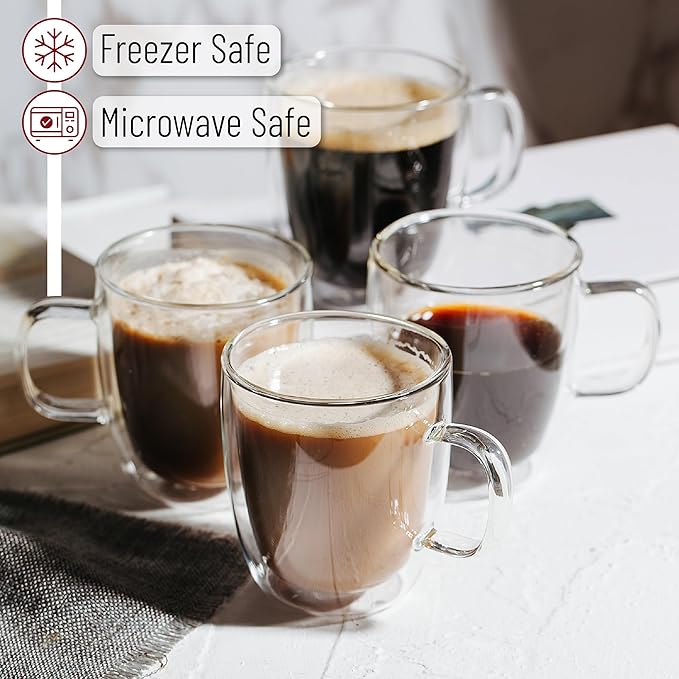 BTaT- Double Walled Glass Coffee Mugs, 12 oz, Set of 4, Glass Coffee Cups with Handle, Insulated Clear Coffee Mug for Hot Beverages, Cappuccino, Latte, Tea, Americano, Microwave & Freezer Safe